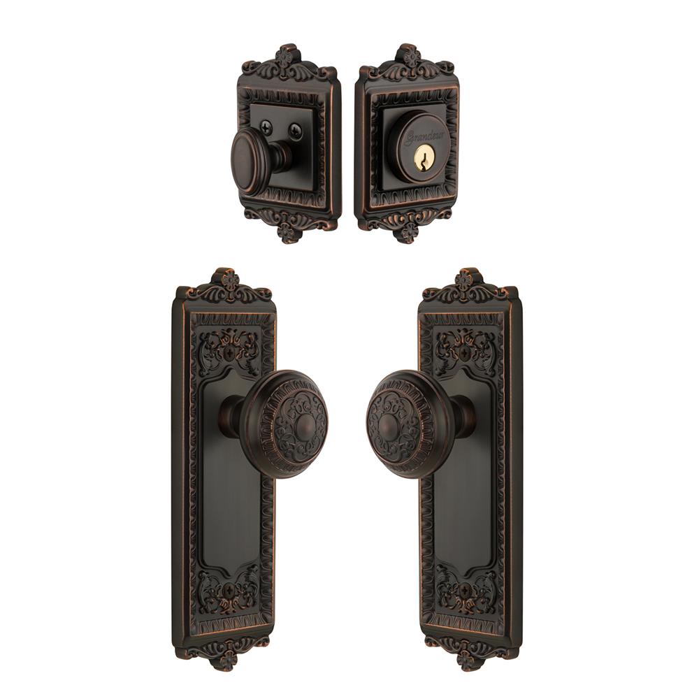 Grandeur by Nostalgic Warehouse Single Cylinder Combo Pack Keyed Differently - Windsor Plate with Windsor Knob and Matching Deadbolt in Timeless Bronze